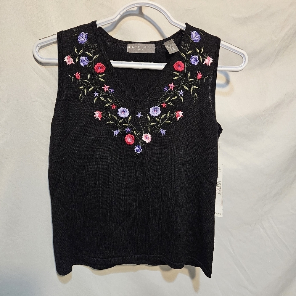 NWT Kate Hill Black Silk-Blend Flowered Roses Knit Tank Size Petite Small